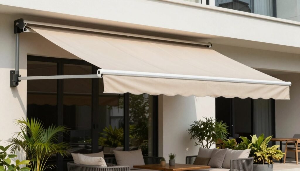 Retractable awning providing shade over a modern patio seating area