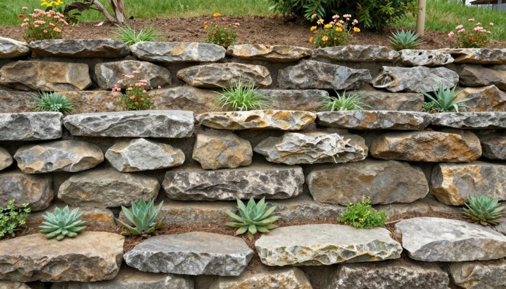 Rock retaining wall with flowering plants growing between stones Rock retaining wall with flowering plants growing between stones