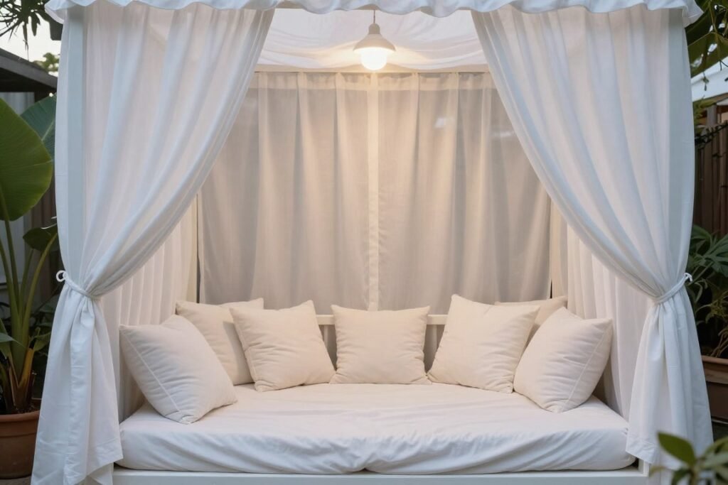 Romantic cabana with flowing curtains and comfortable outdoor daybed