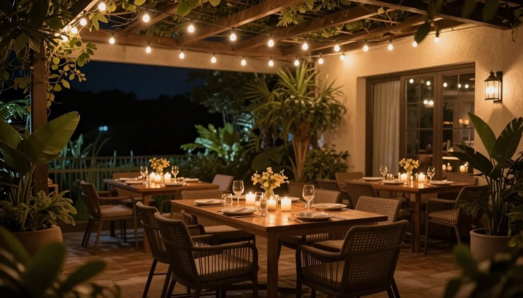 Romantic patio setting with warm string lights and candles