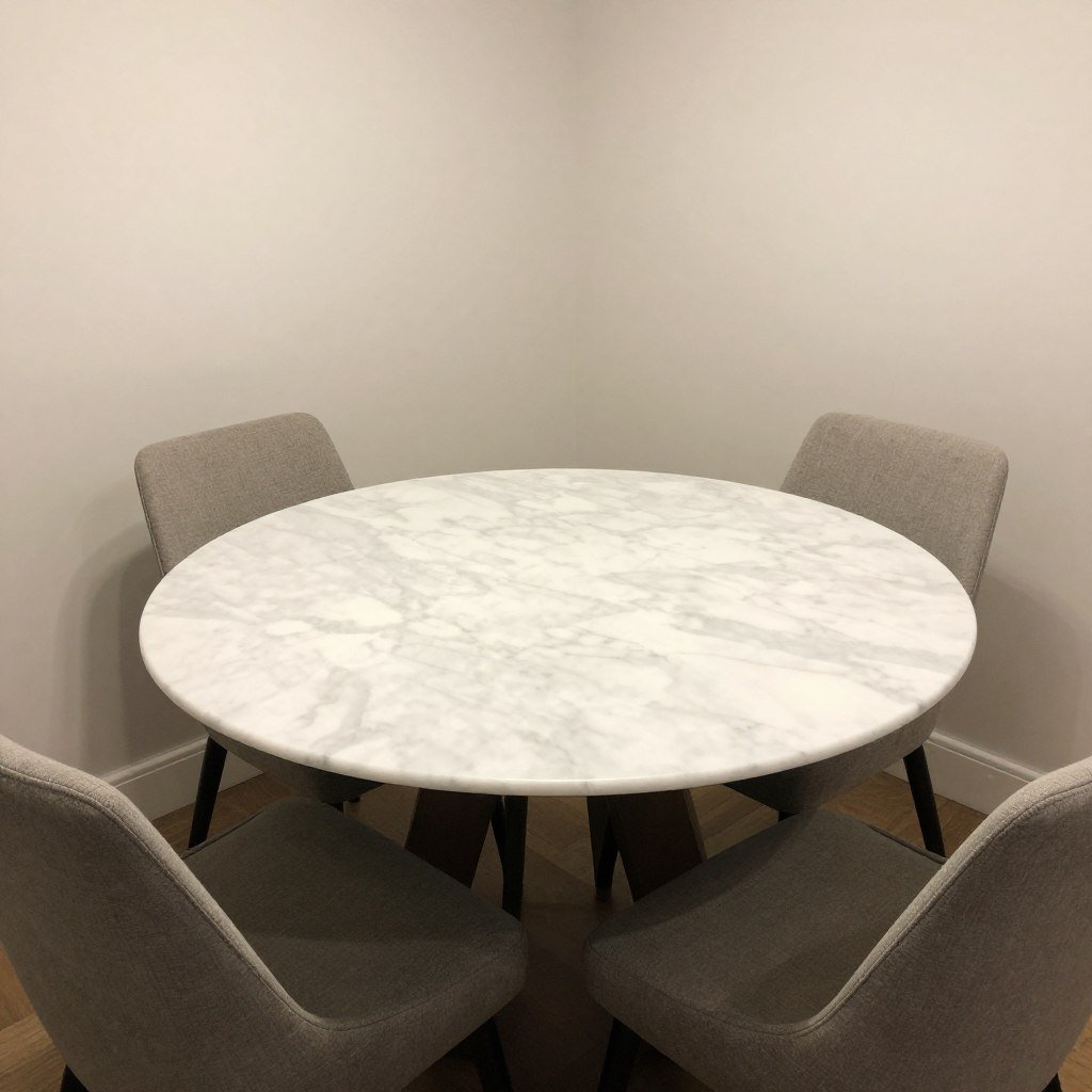 Round marble dining table in a cozy dining nook