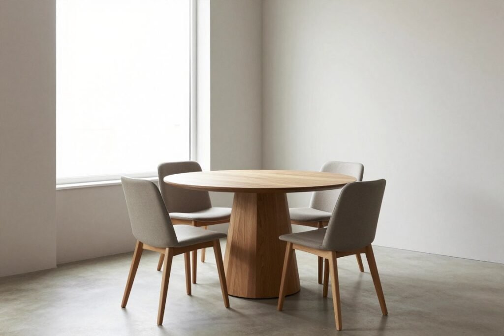 Round minimalist dining table in small space Round minimalist dining table in small space