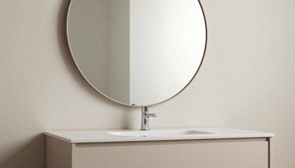 Round or oval mirror softening a bathroom vanity with rectangular elements