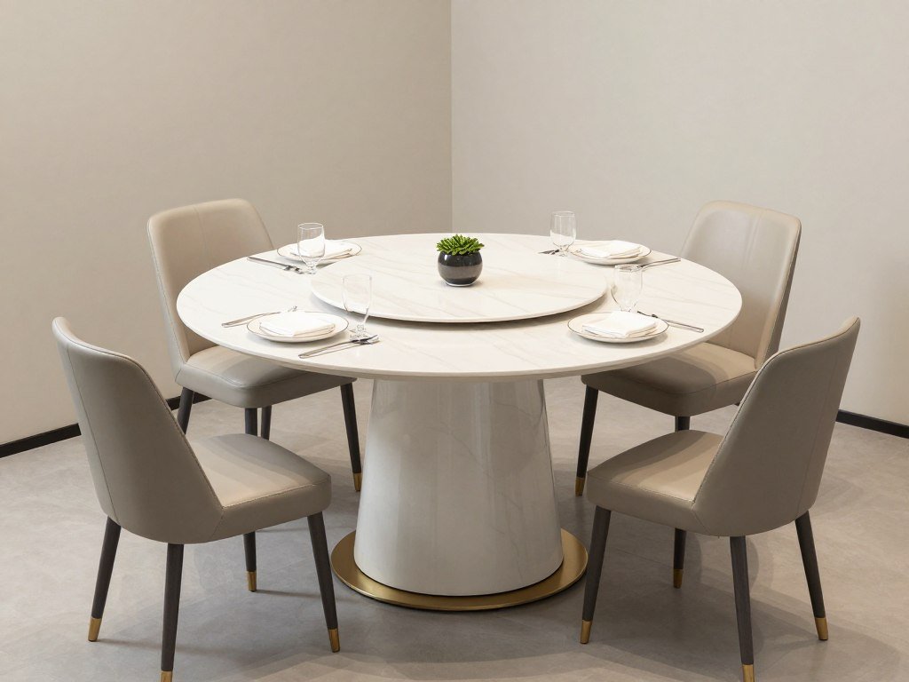 Round pedestal table in a corner dining nook setting