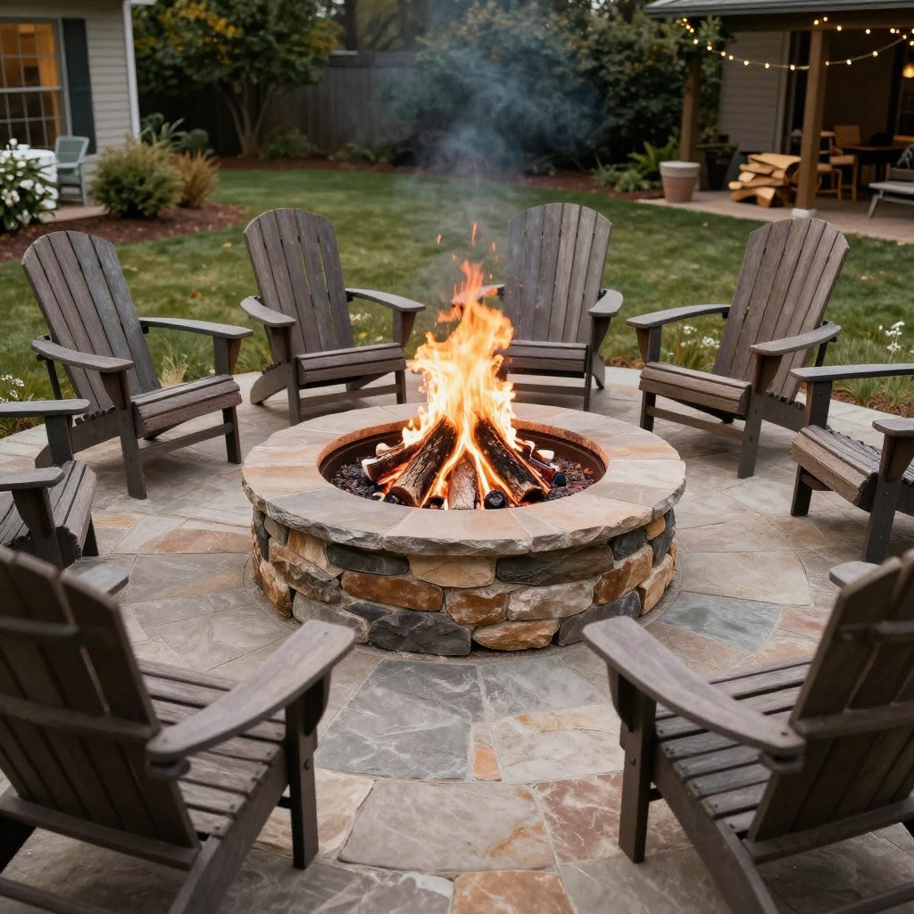 Round stone fire pit in a cozy backyard with Adirondack chairs arranged in a circle