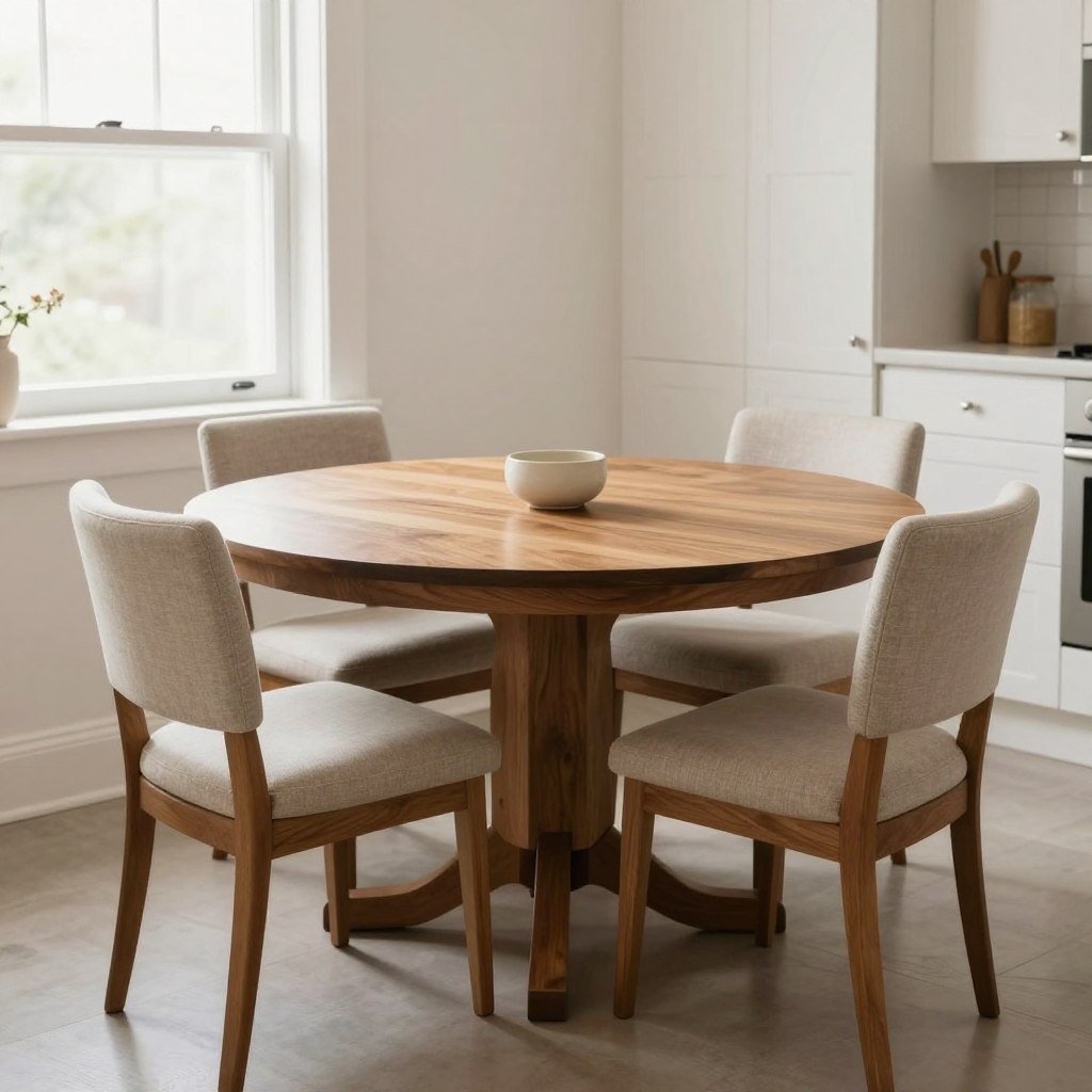 Round wooden dining table with four chairs in a bright kitchen space