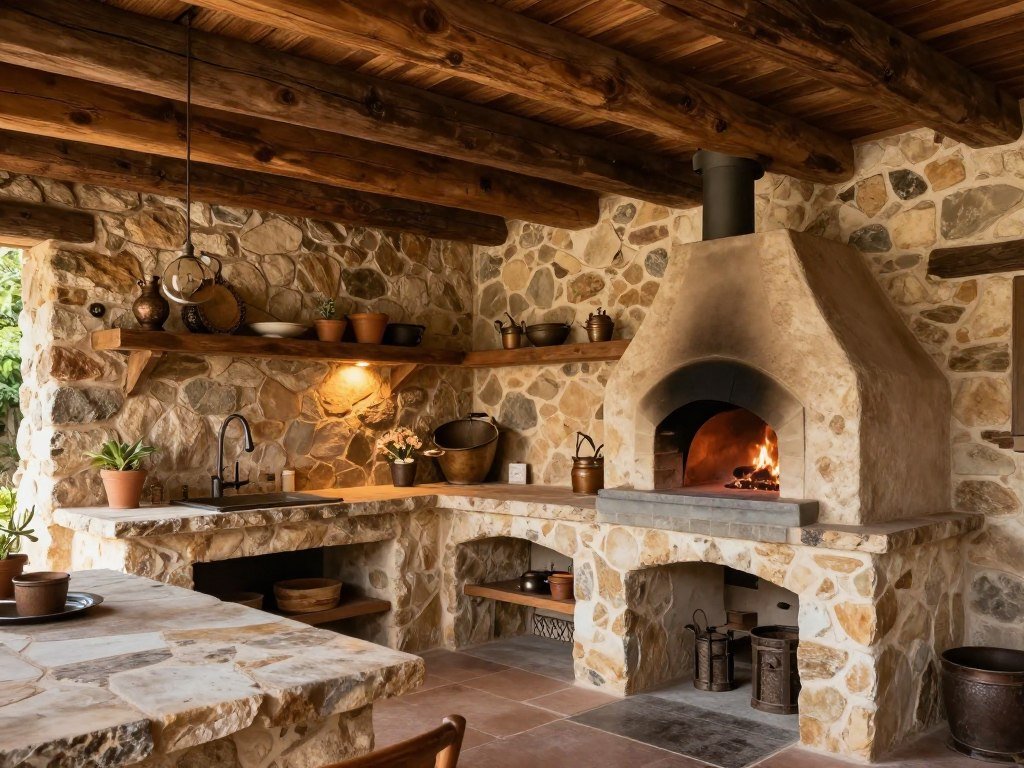 Rustic backyard kitchen with stone, wood elements, and vintage accessories