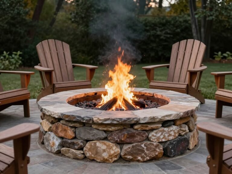 Rustic circular stone fire pit surrounded by Adirondack chairs in a backyard setting with trees in background