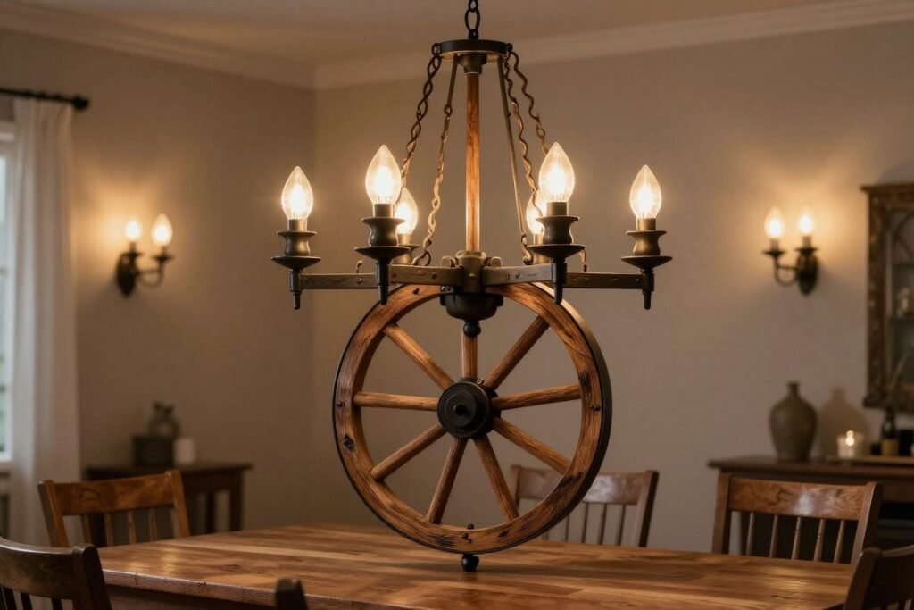 Rustic dining room chandelier made of wood and metal hanging over a table Rustic dining room chandelier made of wood and metal hanging over a table