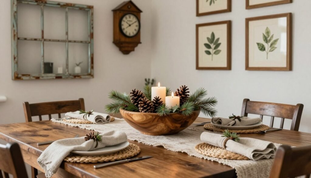 Rustic dining room decor including centerpiece, wall art, and textiles Rustic dining room decor including centerpiece, wall art, and textiles