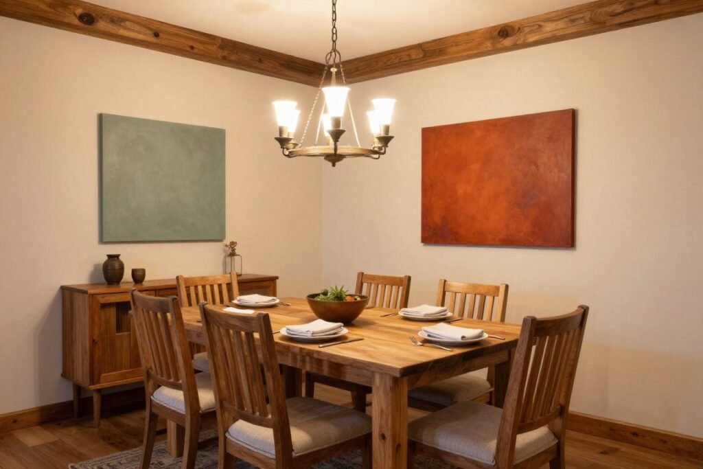 Rustic dining room showcasing warm, natural color palette with wood tones Rustic dining room showcasing warm, natural color palette with wood tones