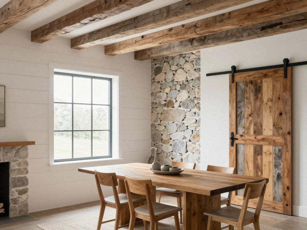 Rustic dining room with shiplap walls, exposed beams, and stone accents Rustic dining room with shiplap walls, exposed beams, and stone accents