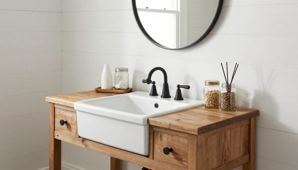 Rustic farmhouse bathroom vanity with apron sink, shiplap walls, and vintage accessories