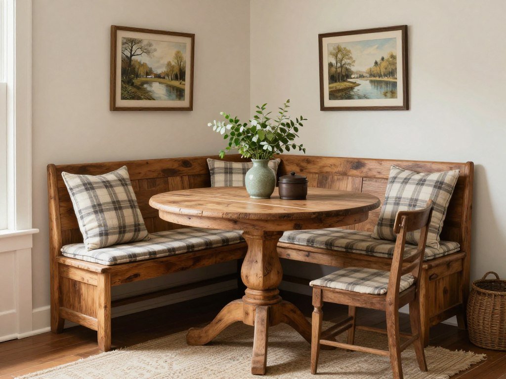 Rustic farmhouse corner dining nook with wooden bench and vintage accessories