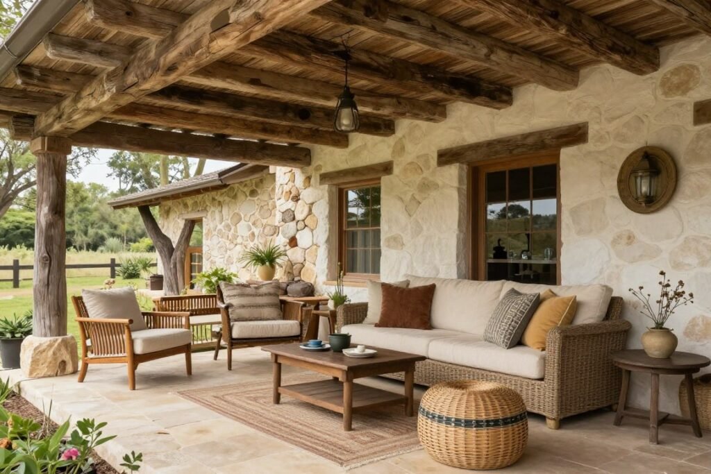 Rustic farmhouse covered patio with reclaimed wood and vintage accessories