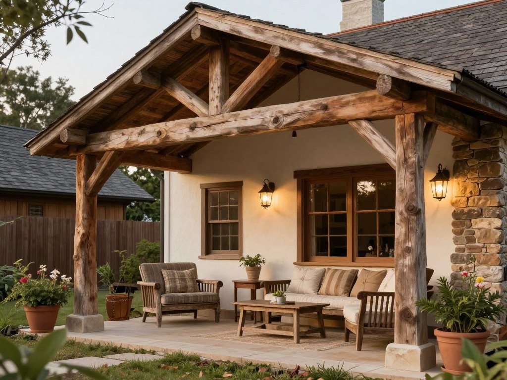 Rustic farmhouse covered patio with wooden beams