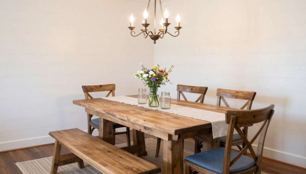 Rustic farmhouse dining room set with a large wooden table, bench seating, and vintage-inspired accessories