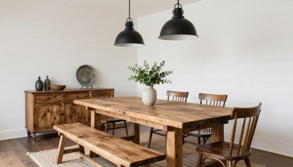 Rustic farmhouse dining room with large wooden table, bench seating, and pendant lighting