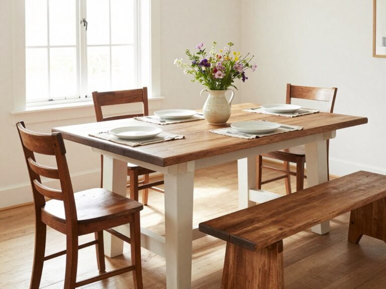 Rustic farmhouse dining table with a reclaimed wood top, white-painted legs, surrounded by mismatched vintage chairs and a wooden bench, set with simple linen placemats and a centerpiece of wildflowers in a ceramic pitcher