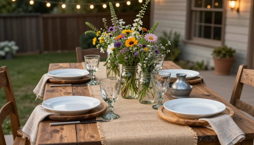 Rustic farmhouse outdoor dining table setting with natural elements