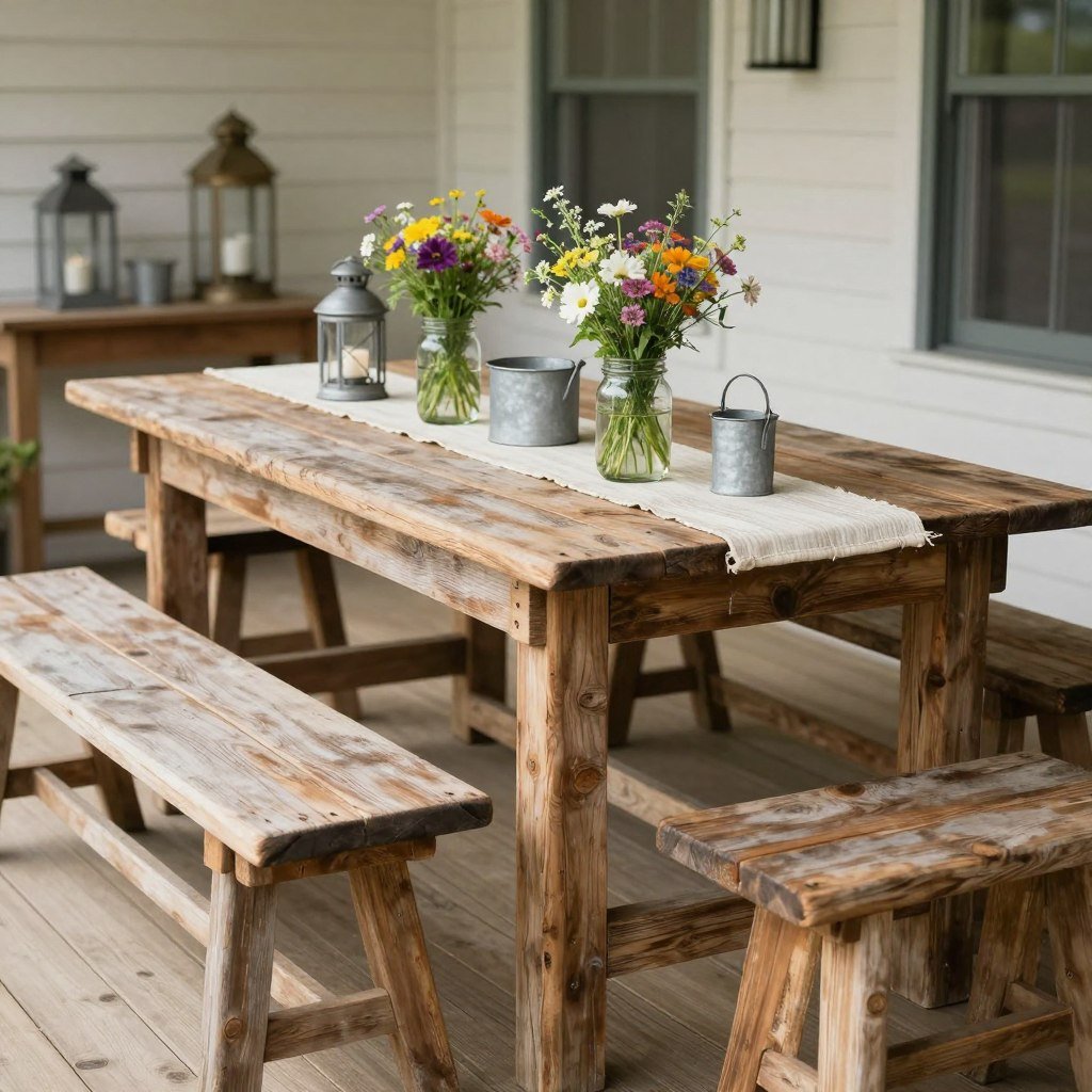 Rustic farmhouse outdoor dining table with wooden benches