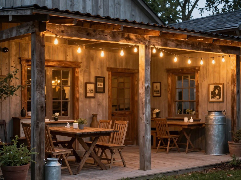 Rustic farmhouse patio with Edison string lights, wooden furniture, and vintage elements