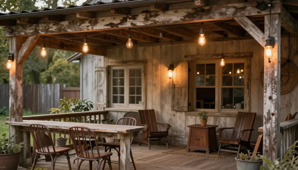 Rustic farmhouse patio with vintage-style Edison bulb lighting
