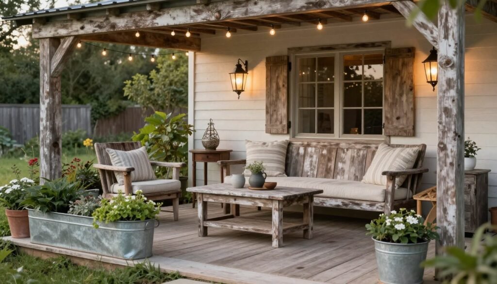 Rustic farmhouse patio with weathered wood furniture and vintage accessories