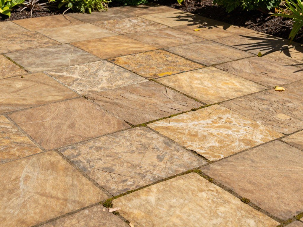 Rustic flagstone patio with irregular shaped stones and plants growing between joints