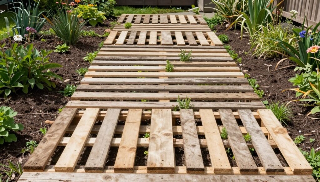 Rustic garden path made from pallet wood slats arranged in a pattern