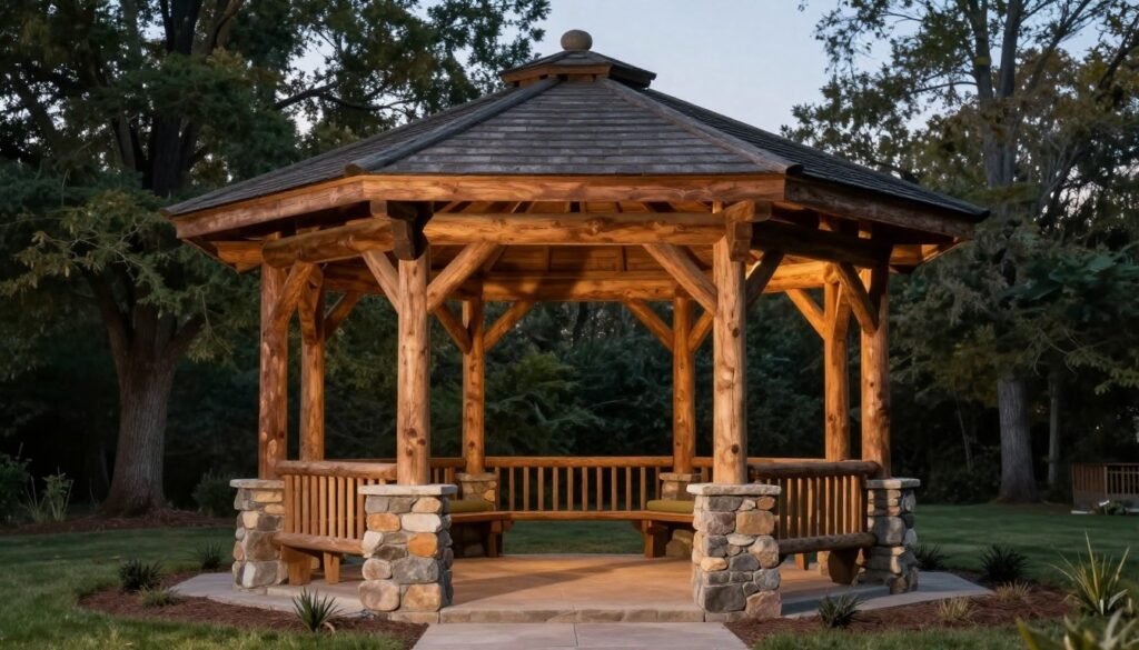 Rustic log gazebo with natural wood finish and stone base in a wooded backyard setting