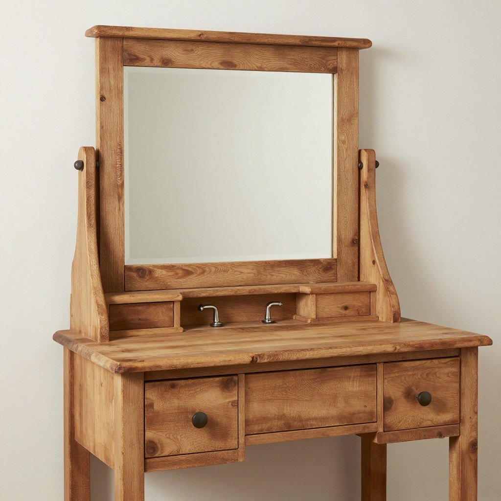 Rustic makeup vanity made of reclaimed wood with vintage mirror