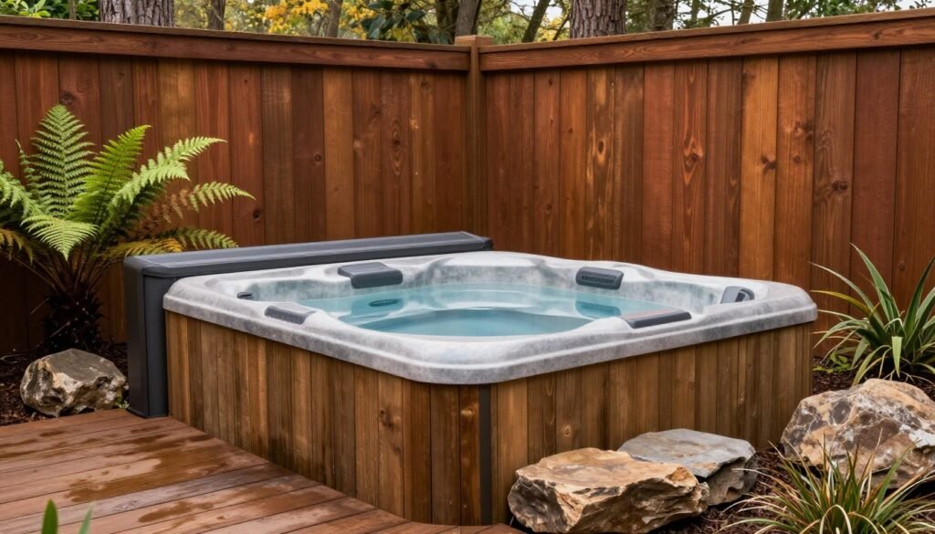 Rustic natural hot tub surrounded by wooden decking and natural stone in a wooded backyard setting