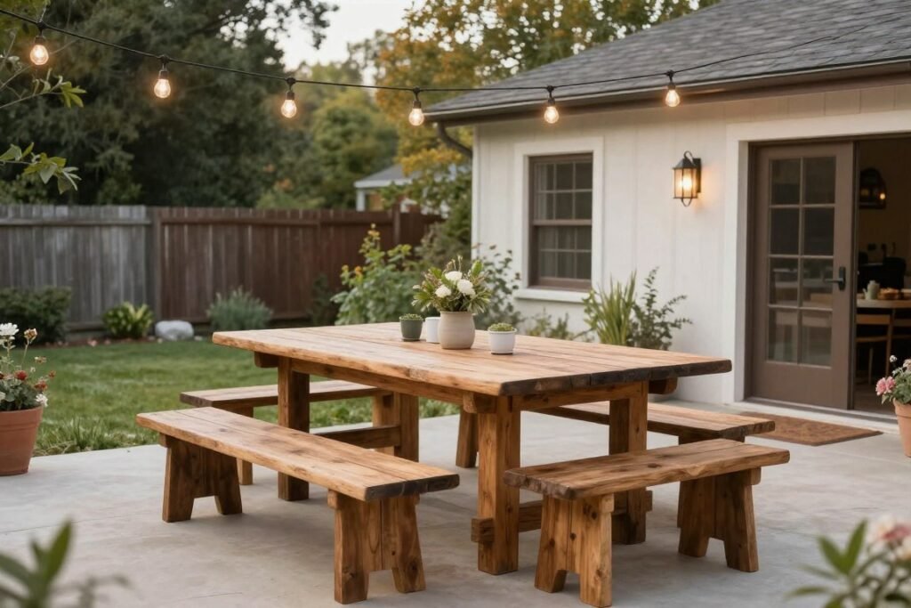 Rustic outdoor dining area with wooden farm table, bench seating, and string lights