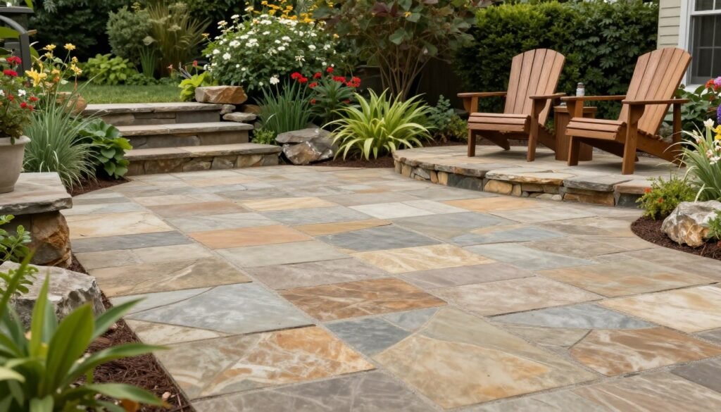 Rustic patio with flagstone-inspired concrete pavers surrounded by lush greenery