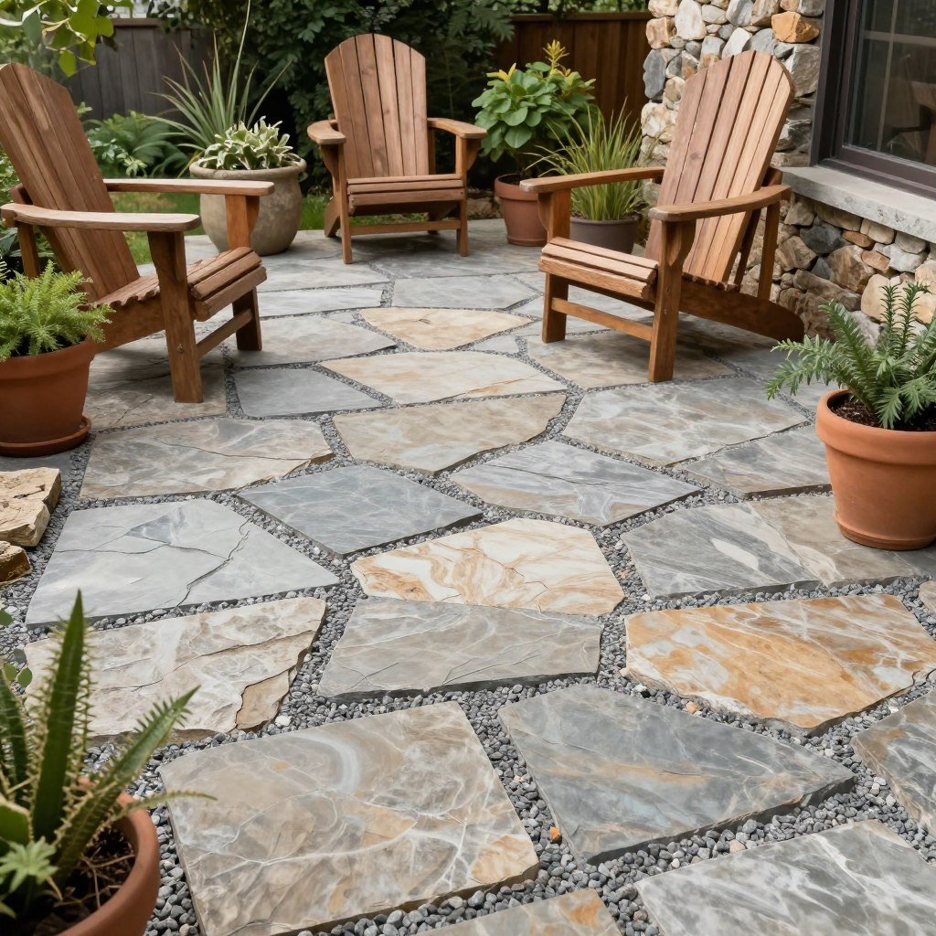 Rustic patio with mixed materials including flagstone and gravel