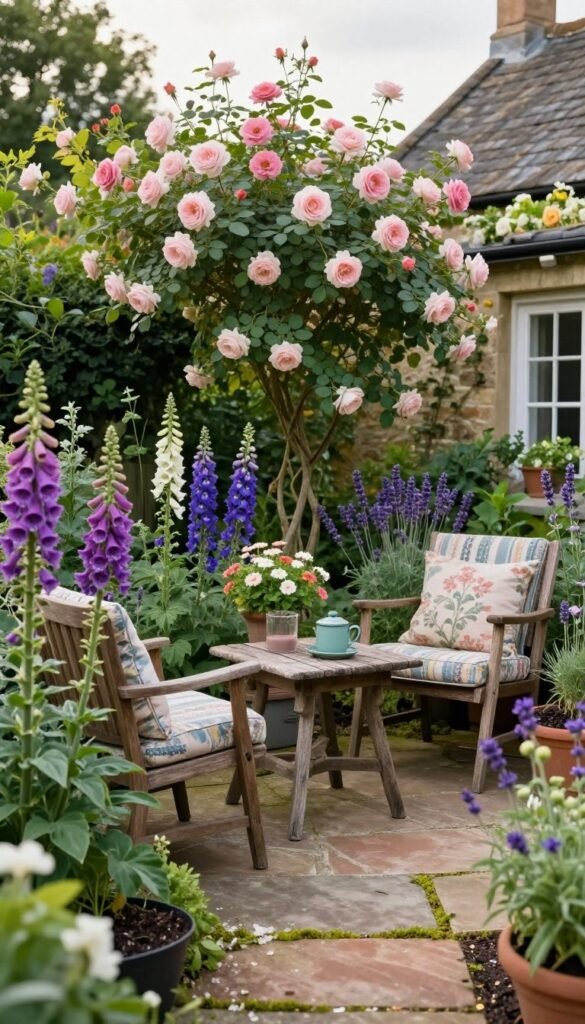 Rustic seating area in a cottage garden backyard with vintage furniture and abundant flowers