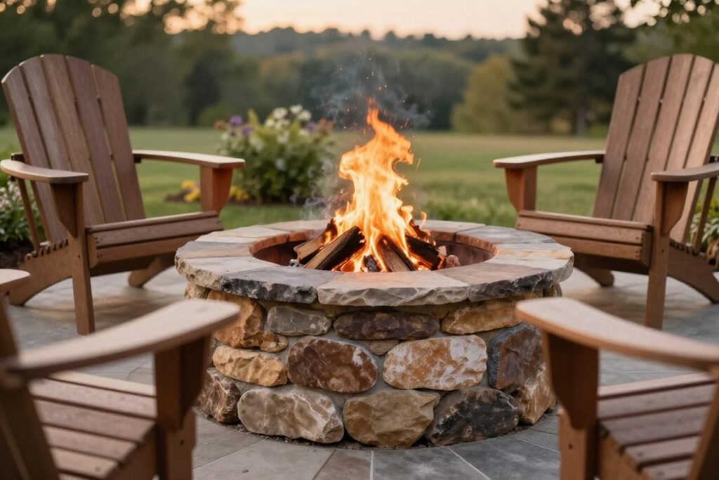 Rustic stacked stone fire pit surrounded by Adirondack chairs in a backyard setting