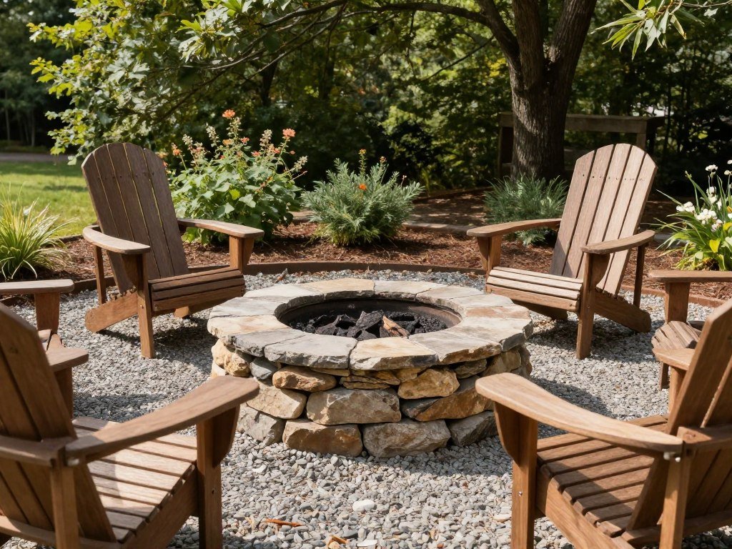 Rustic stone fire pit surrounded by Adirondack chairs on a gravel base with natural landscaping