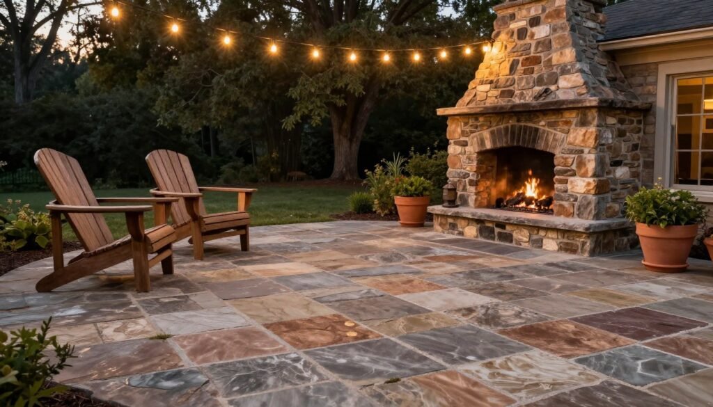 Rustic stone patio with natural elements, wooden furniture and outdoor fireplace