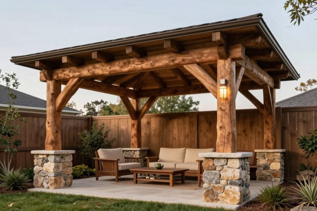 Rustic timber frame backyard pavilion with stone elements