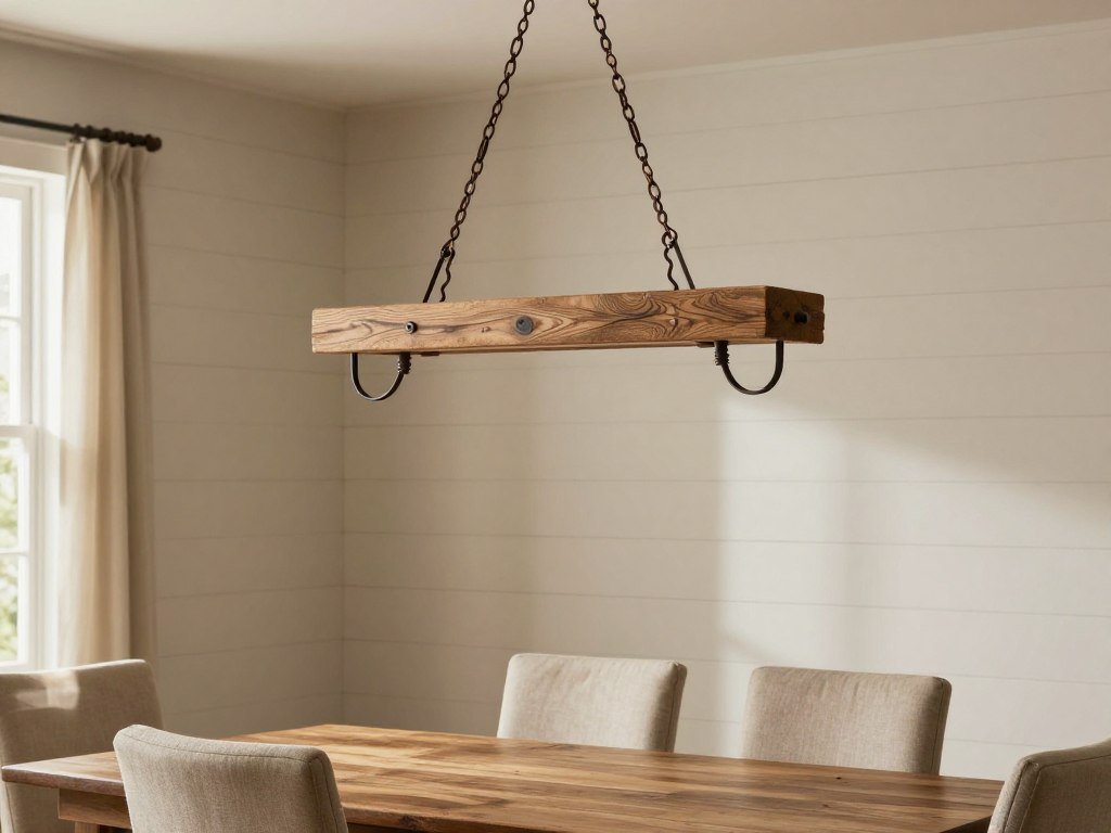 Rustic wooden chandelier or wrought iron fixture hanging over a farmhouse-style dining table
