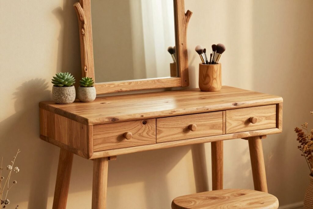 Rustic wooden vanity table with natural elements and warm lighting