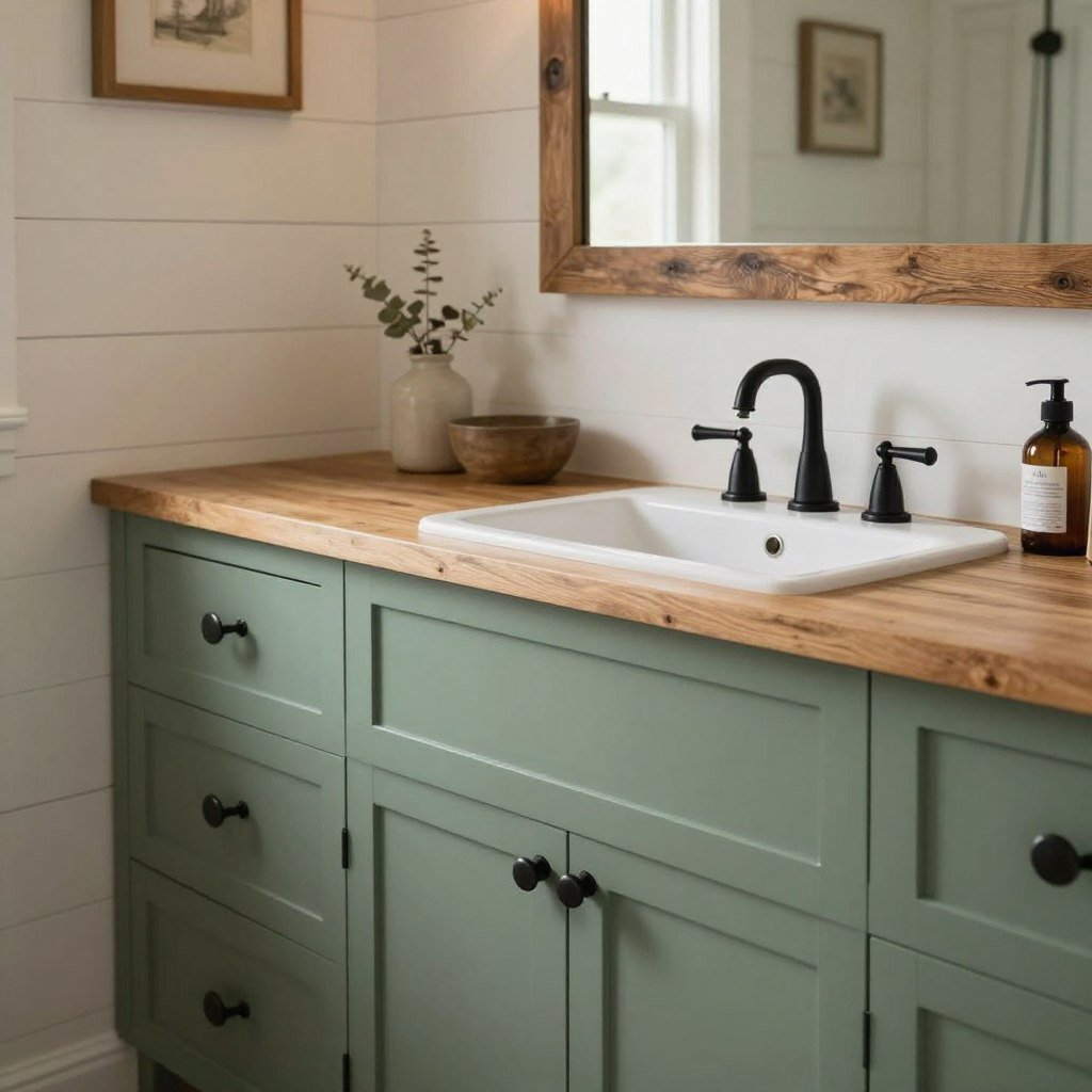 Sage green painted bathroom vanity with wood countertop in a farmhouse style bathroom