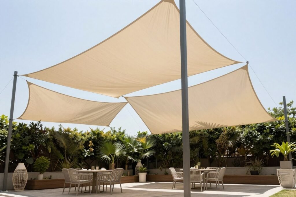 Sail shade installation providing affordable coverage over a casual patio space