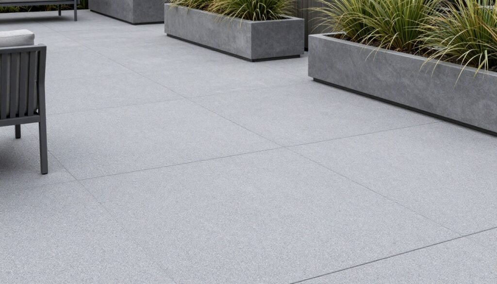 Salt-finished concrete patio with subtle speckled texture in a cool gray tone