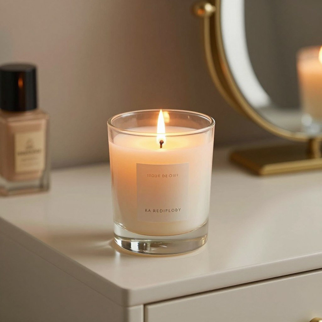 Scented candle creating atmosphere at a vanity
