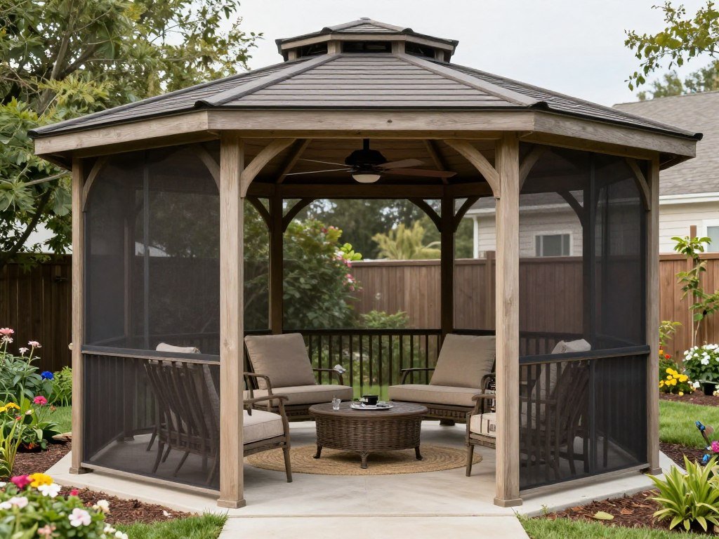Screened gazebo with comfortable seating and ceiling fan in a backyard garden setting
