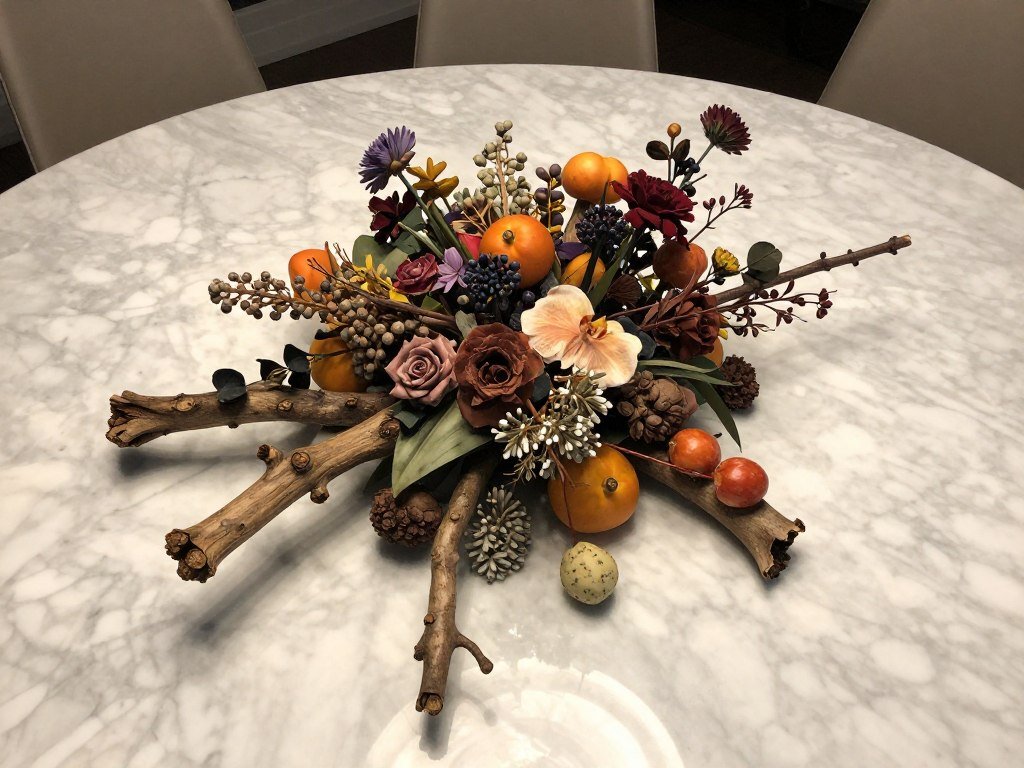 Seasonal centerpiece on a marble dining table