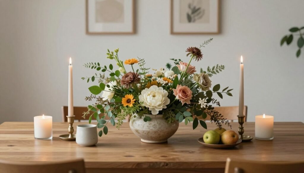 Seasonal dining table centerpiece with flowers, candles, and decorative elements